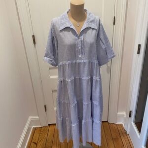 Umgee Blue and White Striped Tiered Midi Dress - Size Large
